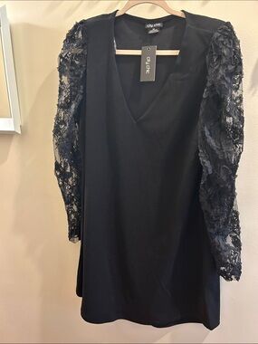 City Chic Black Lace-Sleeve V-Neck Mini Dress